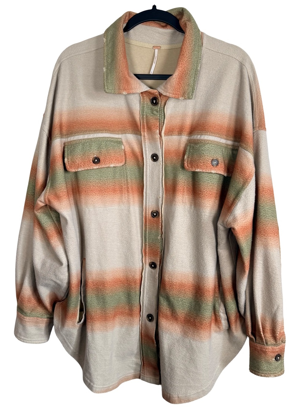 Free People Earth Tones Striped Ruby Soft Distressed Button Down Shacket Size L - Picture 3 of 10